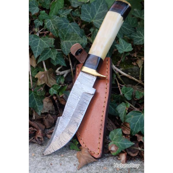 Couteau Poignard Lame Acier Damas 256 Couches Manche Os Garde Laiton Etui Cuir Fabric Artisanale