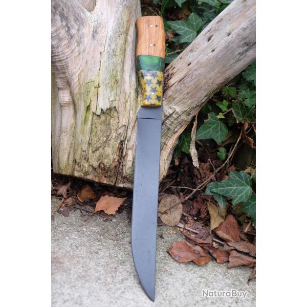 Couteau de Cuisine BBQ Lame Acier Carbone 1055 Black Manche Bois/OS Fabrication Artisanale