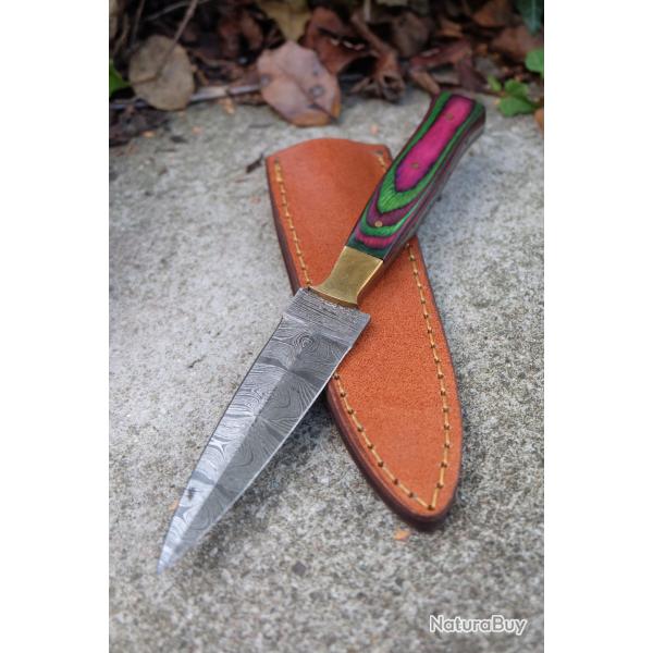 Couteau Dague Scottish Dirk Lame Acier Damas 256 Couches Manche Bois Arlequin Etui Cuir Fab Artisan