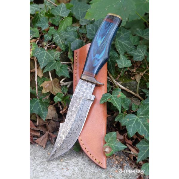 Couteau Poignard Lame Acier Damas 256 Couches Manche Bois Atlantide Garde Laiton Etui Cuir Artisan