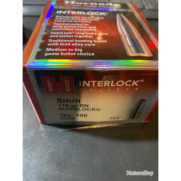 Ogives HORNADY 8mm 170 gr RN Interlock r�f: 3235 (boite neuve de 100)
