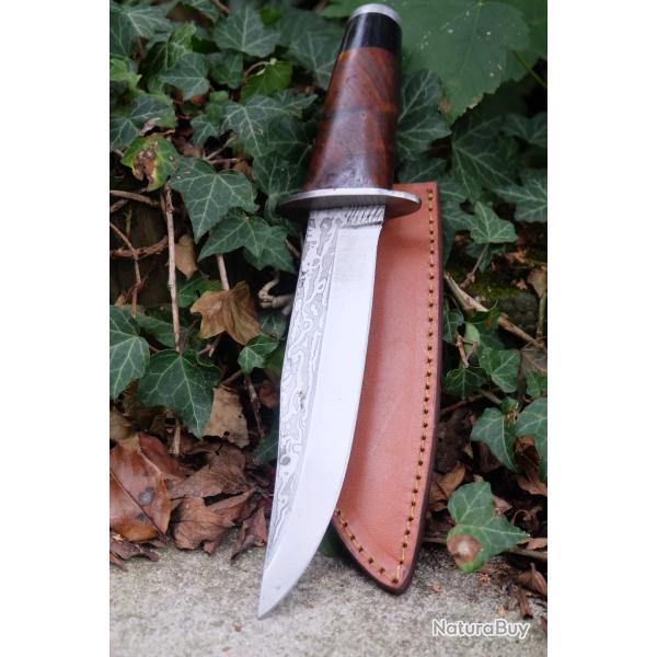 Couteau de Chasse Poignard Lame Fa�on Damas Acier Carbone 1055 Manche Bois Etui Cuir Fabr Artisanale