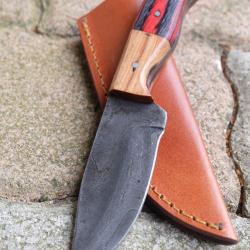 Couteau Skinner Lame Lamin&eacute;e 3 Couches Acier Carbone 1075 Manche 2 Bois Etui Cuir Fabric Artisanale