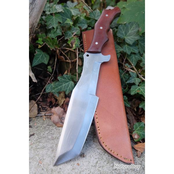 XXL BIG Couteau Tanto Damas Lame Trakker Acier Carbone 1055 Manche Micarta Etui Cuir Fabric Artisan
