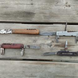 Lot de 4 anciens couteaux de poche et canifs multifonctions.