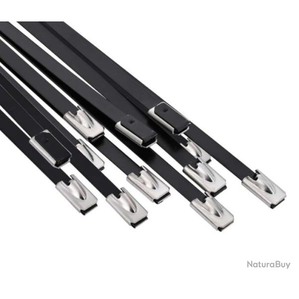 Attaches c�bles acier inoxydable noir 4,6x150 mm r�sistantes lot 12