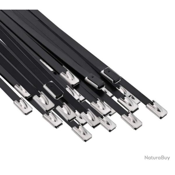 Attaches c�bles acier inoxydable noir 4,6x150 mm r�sistantes lot 25