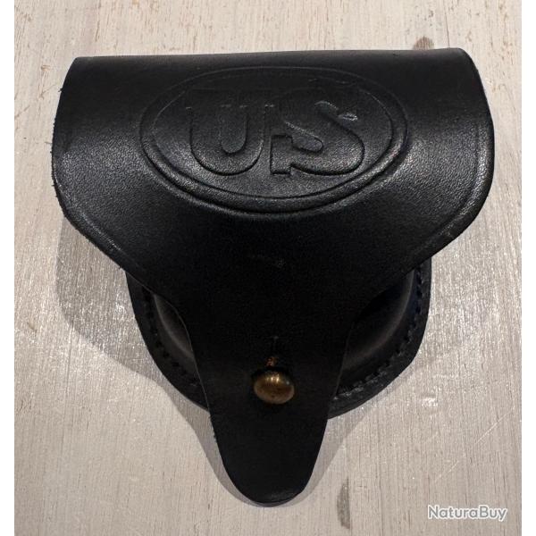 giberne / poche � balles / Amorces en cuir noir emboss� � US � - Style Guerre de S�cession