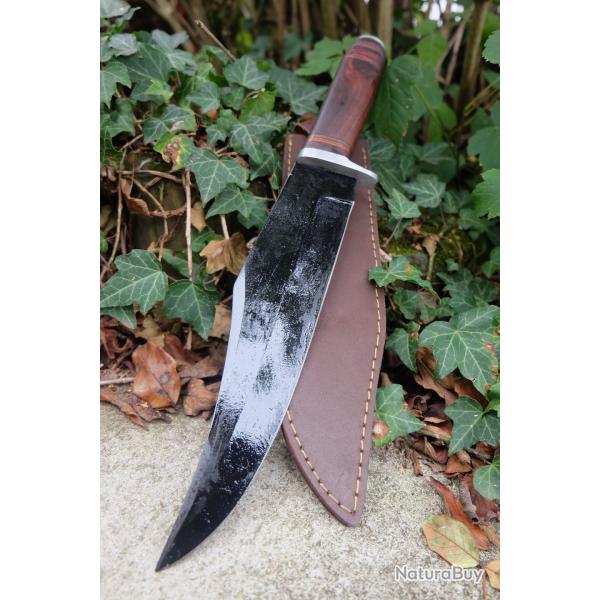 Gros Bowie Couteau de Chasse Bowie Classic Lame Acier 1055 Blk Manche Bois Etui Cuir Fab Artisan