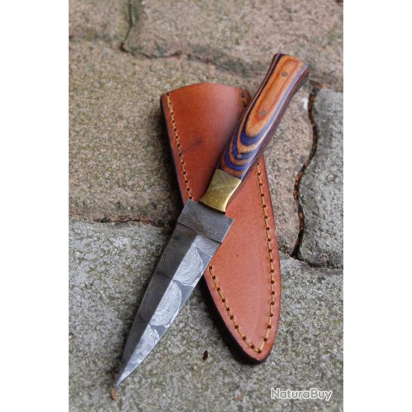Couteau Dague Scottish Dirk Lame Acier Damas 256 Couches Manche Bois Purple Etui Cuir Fab Artisanale