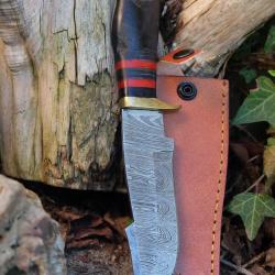 Poignard Puukko Couteau Lame Acier Damas 256 Couches Manche Corne B&eacute;lier Fabric Artisan Etui Cuir 01