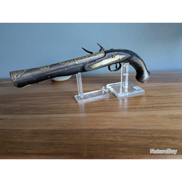 PISTOLET A SILEX ORIENTAL CANON DAMASQUINE OR 18.19 EM