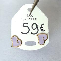 Paire boucles d'oreilles en or massif 9 carats - neuve - coeur violet - prix fixe