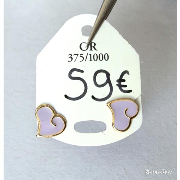Paire boucles d'oreilles en or massif 9 carats - neuve - coeur violet - prix fixe