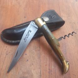 Ancien Couteau LE VRAI LAGUIOLE BESSET JEUNE 3 Pi&eacute;ces Manche en Corne avec &Eacute;tui en Cuir