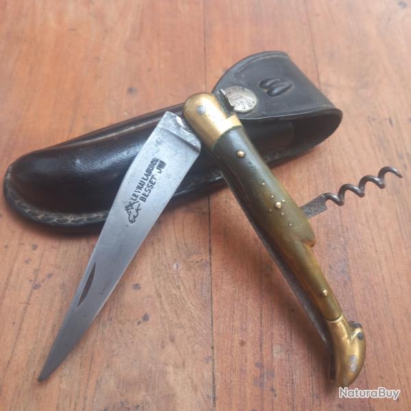 Ancien Couteau LE VRAI LAGUIOLE BESSET JEUNE 3 Pi�ces Manche en Corne avec �tui en Cuir