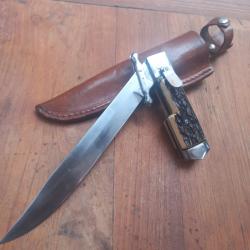 Joli Couteau Dague de Chasse &agrave; la d estaing  Manche en Imitation Bois de Cerf avec &Eacute;tui en cuir