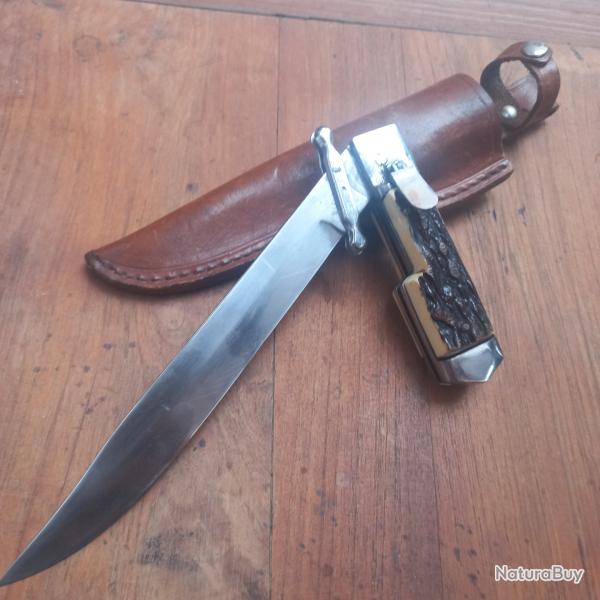 Joli Couteau Dague de Chasse � la d estaing  Manche en Imitation Bois de Cerf avec �tui en cuir