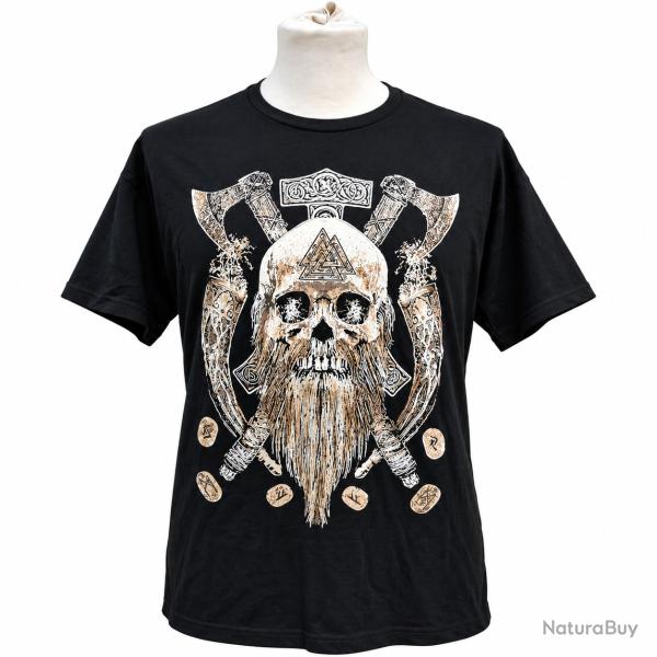 Tee-Shirt Viking Cr�ne Haches Runes Noir 100% Coton - Manches Courtes - Comme Neuf