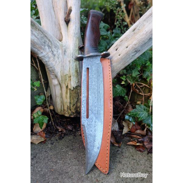 Couteau Poignard Lame Acier Damas 256 Couches Manche Bois Garde Pommeau Damas Etui Cuir F Artisanale