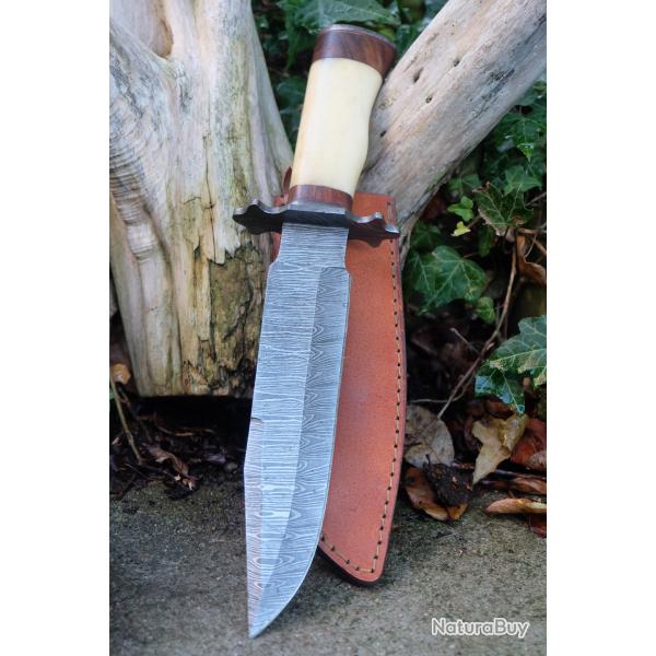 Couteau Poignard Lame Acier Damas 256 Couches Manche Os Garde Pommeau Damas Etui Cuir F Artisanale