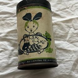 ELESCA Bo&icirc;te publicitaire ancienne m&eacute;tal cylindrique cr&egrave;me flan chocolat au lait