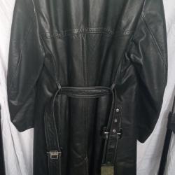 Manteau motard cuir lourd vert fonc&eacute; vintage - Coupe crois&eacute;e &agrave; ceinture (Style Kradmantel)