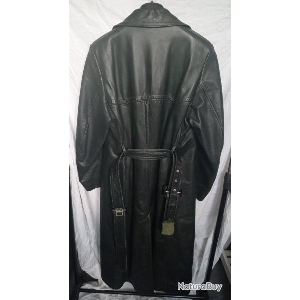 Manteau motard cuir lourd vert fonc� vintage - Coupe crois�e � ceinture (Style Kradmantel)