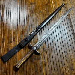 Superbe Glaive de V&eacute;nerie XIX e - Dague de Chasse - Poign&eacute;e Bois de Cerf & Garde T&ecirc;te de Sanglier