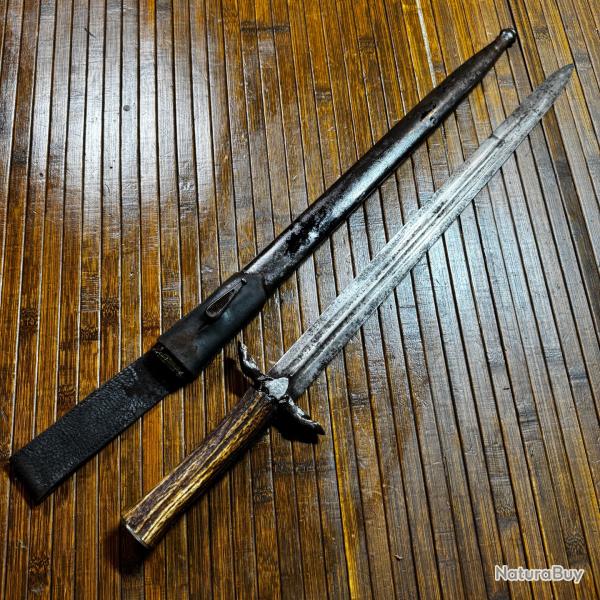 Superbe Glaive de V�nerie XIX e - Dague de Chasse - Poign�e Bois de Cerf & Garde T�te de Sanglier