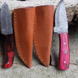 Lot de 2 Couteau Skinner de Poche Lame Acier Damas 256 Couches Manche Bois Etui Cuir Fab Artisanale