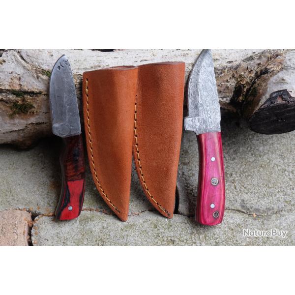 Lot de 2 Couteau Skinner de Poche Lame Acier Damas 256 Couches Manche Bois Etui Cuir Fab Artisanale