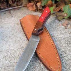 Couteau Stylet Lame Acier Damas 256 Couches Manche Couleurs Automne Etui Cuir Fabric Artisanale