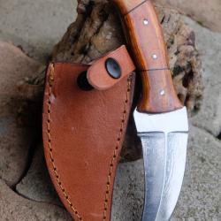 Couteau Karambit Lame Acier Carbone 1055 Manche 3 Bois Etui Cuir Fabrication Artisanale