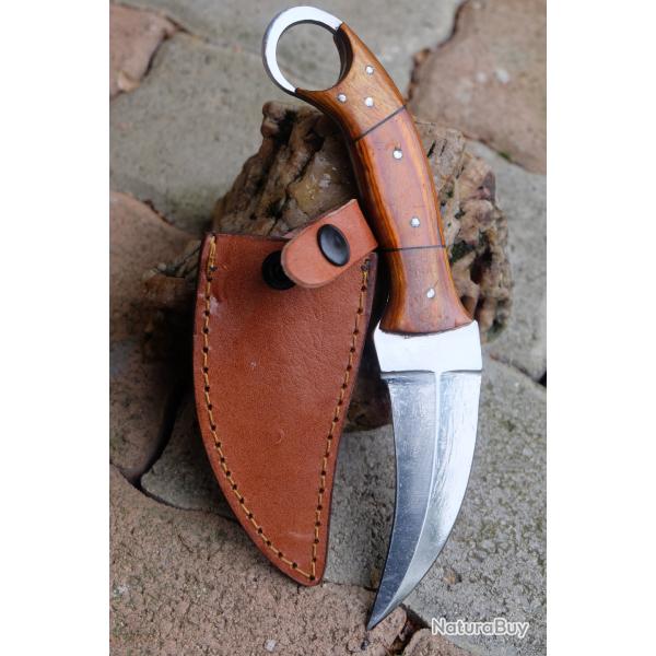 Couteau Karambit Lame Acier Carbone 1055 Manche 3 Bois Etui Cuir Fabrication Artisanale