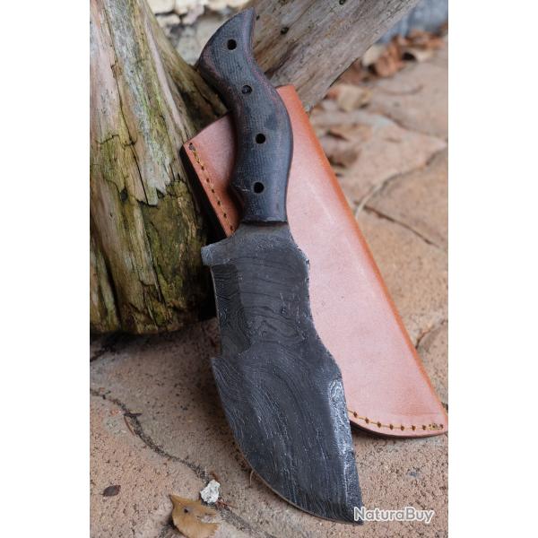 Couteau de Chasse Trakker Damas Lame 256 Couches Manche Micarta Fabr Artisanale Etui Cuir
