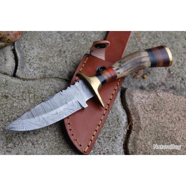 Couteau Skinner Damas Lame Acier 256 Couches Manche Bois de Cerf Fabr Artisanale Etui Cuir