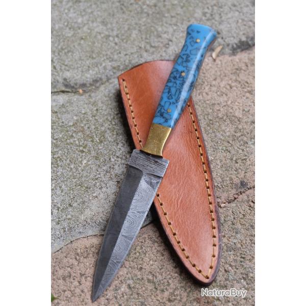 Couteau Dague Scottish Dirk Lame Acier Damas 256 Couches Manche R�sine Turquoise Etui Cuir Artisan