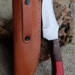 Couteau de Chasse Skinner Lame Scrimitar Acier Carbone 1055 Manche 2 Bois Etui Cuir Fab Artisanale