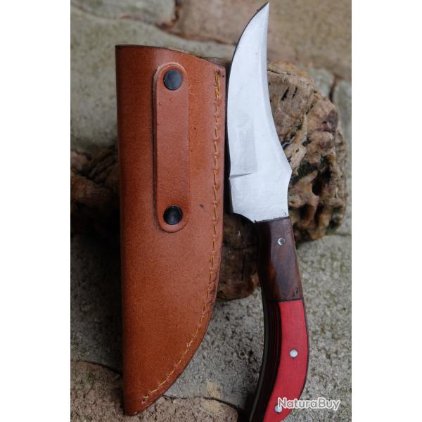 Couteau de Chasse Skinner Lame Scrimitar Acier Carbone 1055 Manche 2 Bois Etui Cuir Fab Artisanale