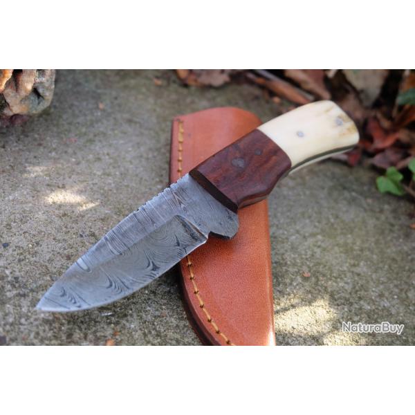 Skinner Couteau Damas Lame 256 Couches Lame Drop Point Manche Os/Bois Fabr Artisan Etui Simili Cuir