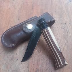 Joli Couteau OPINEL Inox N8 Black Manche en Bois Lam&eacute;lo avec solide &Eacute;tui en Cuir