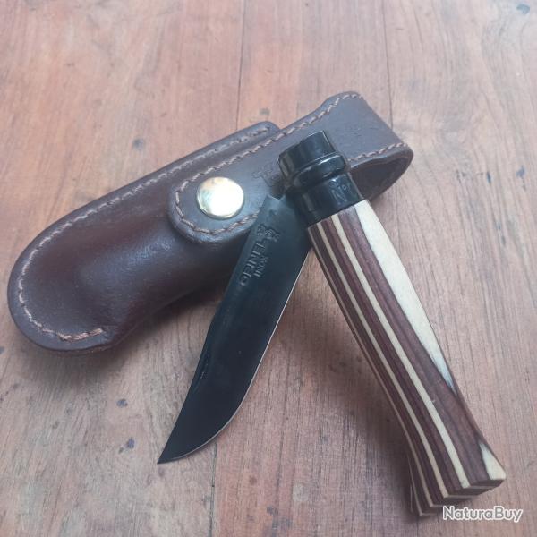 Joli Couteau OPINEL Inox N8 Black Manche en Bois Lam�lo avec solide �tui en Cuir