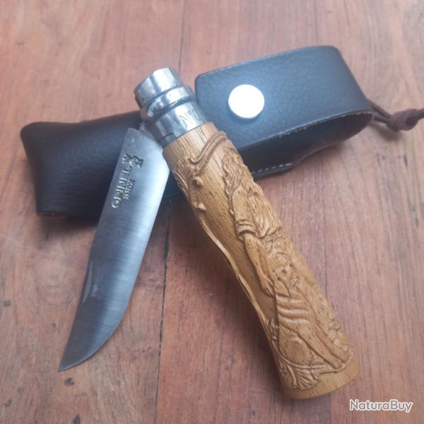 Magnifique Couteau OPINEL Inox N8 Manche en Ch�ne Sculpt� avec �tui en Cuir