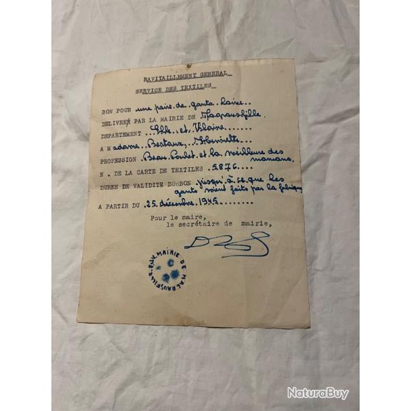 Cadeau No�l 1945 bon de ravitaillement paire de gants laine