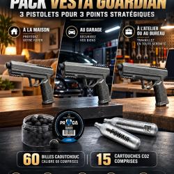 VESTA GUARDIAN C.68 - 3 PISTOLETS + 60 BILLES CAOUTCHOUC + 15 CARTOUCHES CO2
