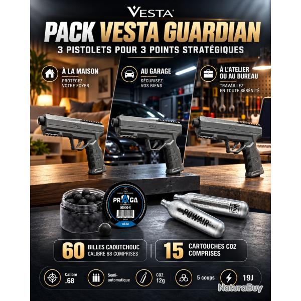 VESTA GUARDIAN C.68 - 3 PISTOLETS + 60 BILLES CAOUTCHOUC + 15 CARTOUCHES CO2