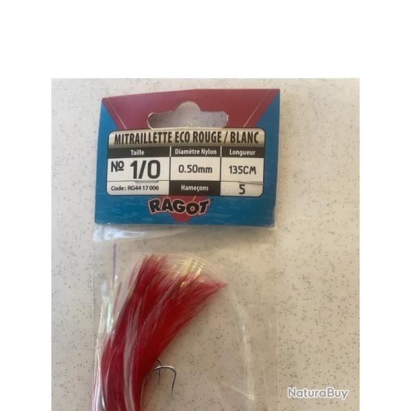 Mitraillette Ragot ECO rouge/blanc - 5 hame�ons 1/0 - 0,50 mm - 135 cm - neuf-RG4417006
