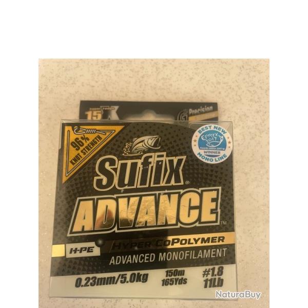 Sufix Advance 150 m - Nylon 0.23 mm - 5 kg - Jaune fluo - Neuf