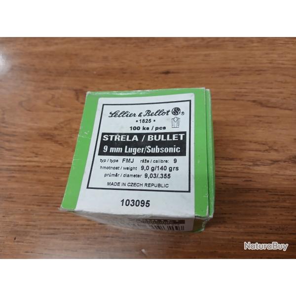 Ogives 9mm Sellier et Bellot 144gr sub sonic fmj - boite 100
